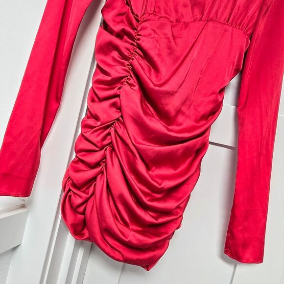 Pinko Zanzibar Satin Ruched Long Sleeve Party Cocktail Mini Dress in Red - Picture 8 of 14